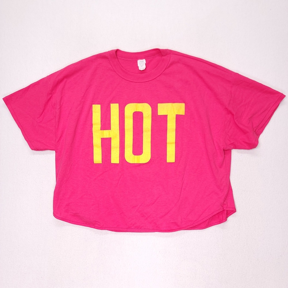 Vintage Innerworld Hot Stuff Graphic Crop Top Pink Yellow XL Made in USAโ